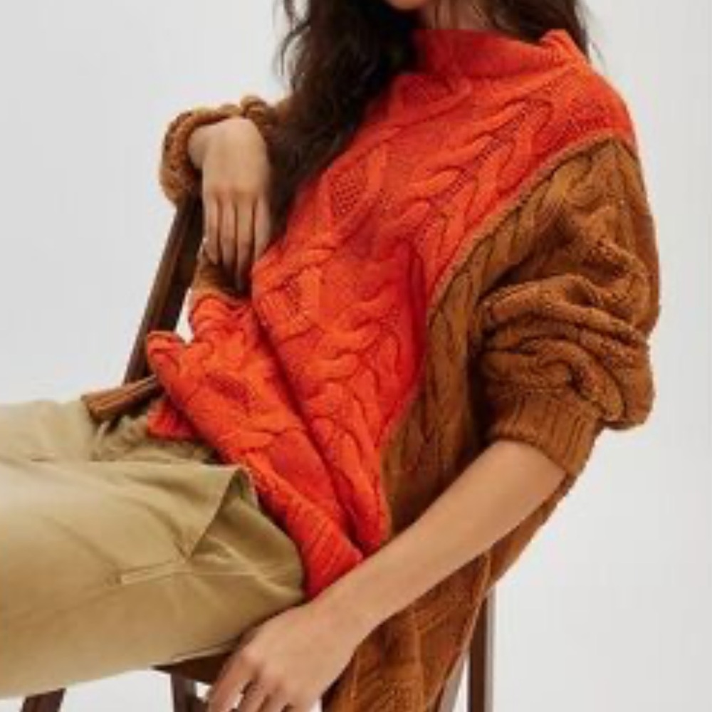 Free People Cable Knit Sweater - Orange and Brown size S NWOT - Picture 1 of 16